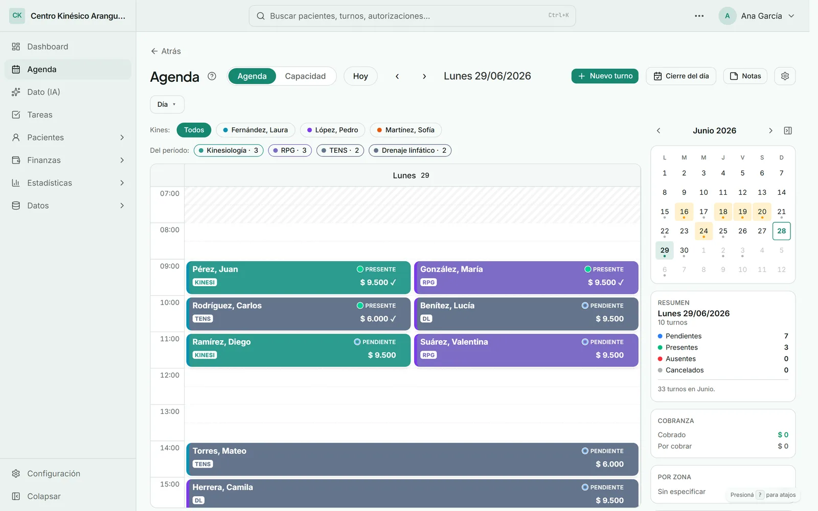 Agenda real de Kinesiología Integral en Datalogía Consultorio